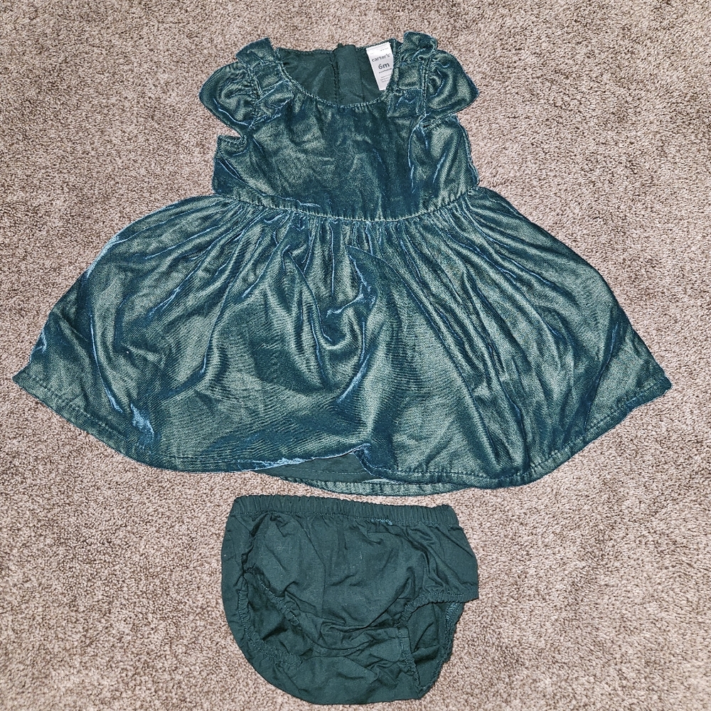 Carter's Emerald Green Velvet Baby Dress with Bow and Bloomers size 6M